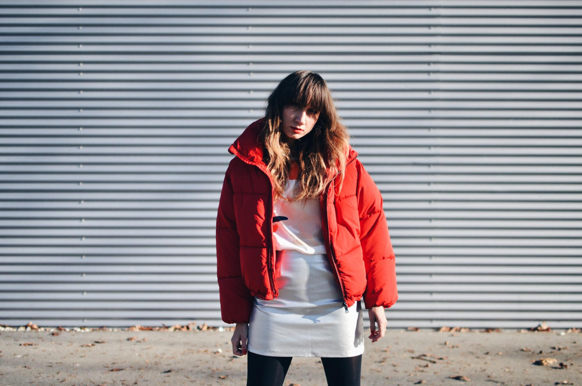 red puf jacket