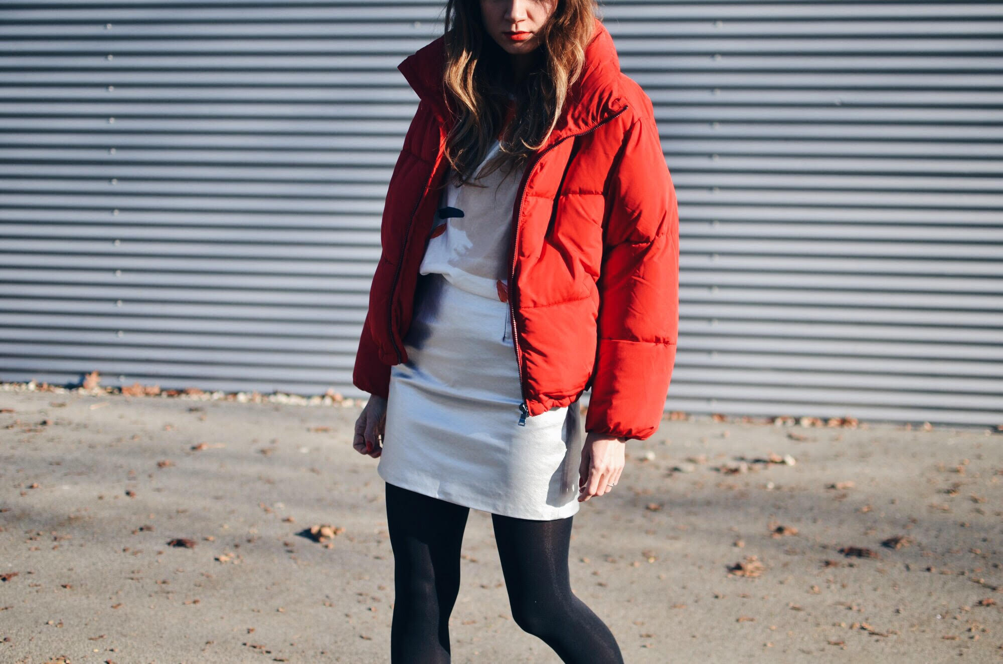 red puf jacket
